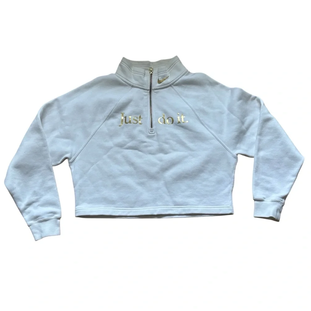Nike Cropped Quarter Zip White Gold Just Do It Womens Size Medium Sweatshirt - Picture 2 of 6
